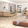 Hutch Cabinet Kitchen with Two Doors Three Drawers Wood Grain Sideboard Metal Legs Color Utility Pantry Dining Room Furniture