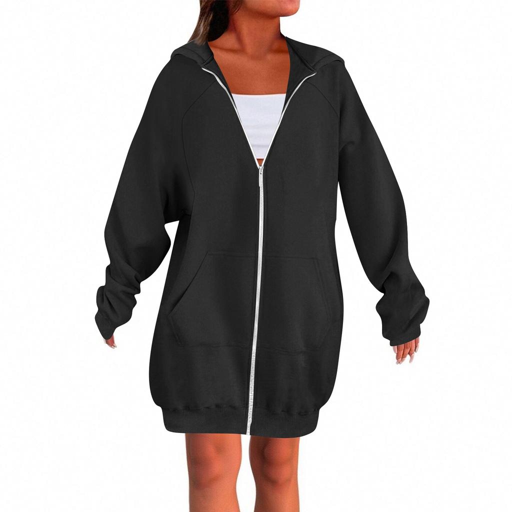 Women's Solid Color Zippered Sweatshirt Top Daily Casual Raglan Long Jacket (Without Hood Drawstring)