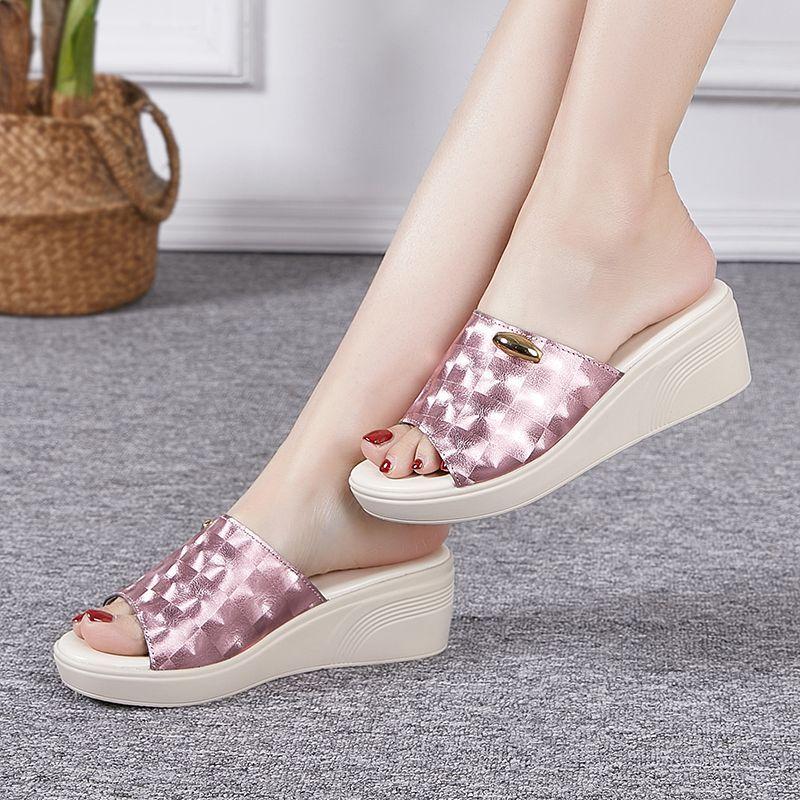 Fashion GKTINOO Mother Slippers Casual Comfortable Genuine Leather Summer Sandals Ladies Outdoor Wedged Shoes Fashion Korean Plus Size