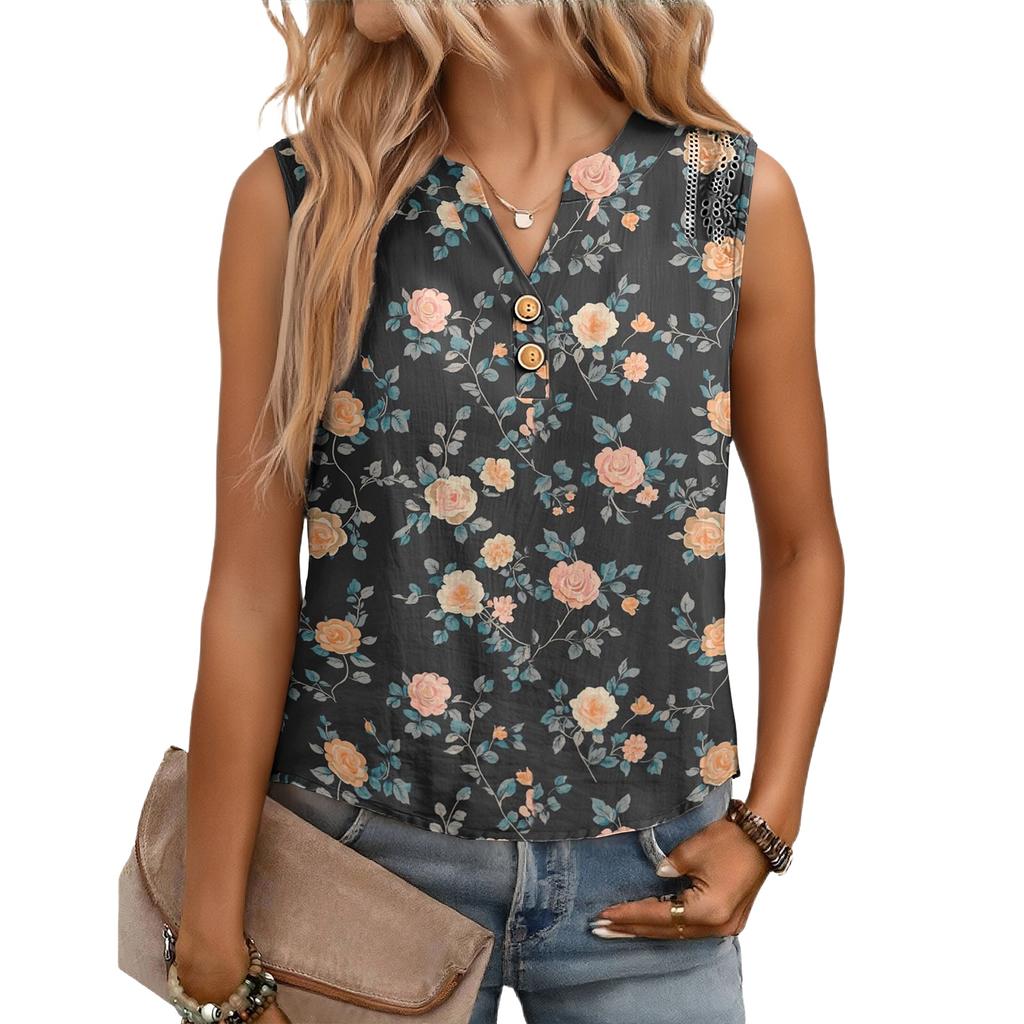 Women's Casual, Loose-Fitting, Printed, Sleeveless Linen Blouse