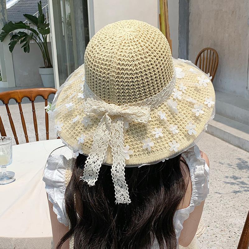Lace Floral Sun Hat with Bow Hollow Design Breathable Grass Hat Women's Spring Sun Protection and Sunshade Hat