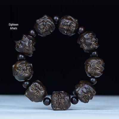 Eighteen Arhat Ebony Bead Bracelet - Carved Leather & Ash Wood