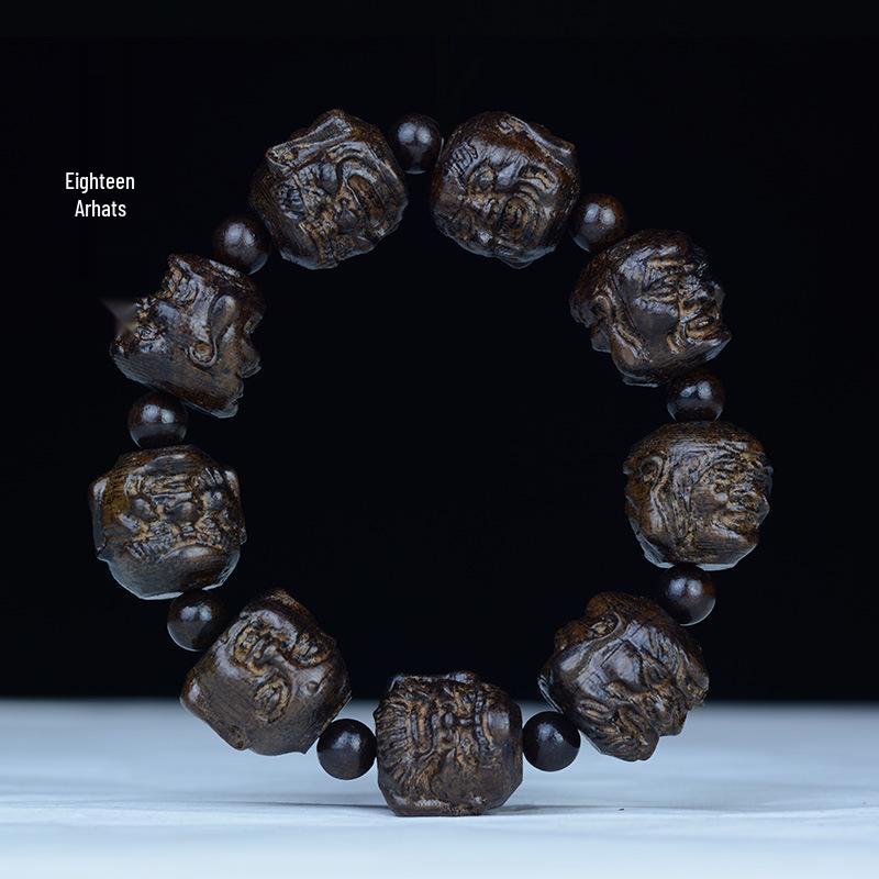 

Eighteen Arhat Ebony Bead Bracelet - Carved Leather & Ash Wood
