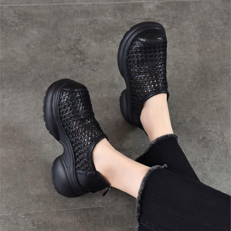 Johnature Thick Soled Height Increasing Genuine Leather Woven Sandals Hollow Breathable Women's Platform Shoes