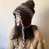 Fair Island Jacquard Knitted Hat Women's Fleece Thickened Autumn and Winter Retro Trendy Lace-Up Braid Warm Flight Hat