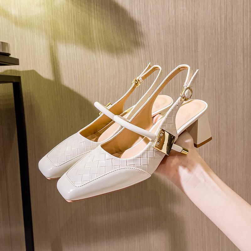 

French word with bag head sandals women s 2025 new thick heel empty single shoes summer red square head high heels 40