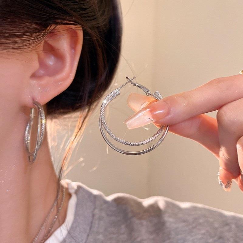 Tide Summer Silver Double Line Large Circle Thin Circle Temperament Gold Versatile Earrings