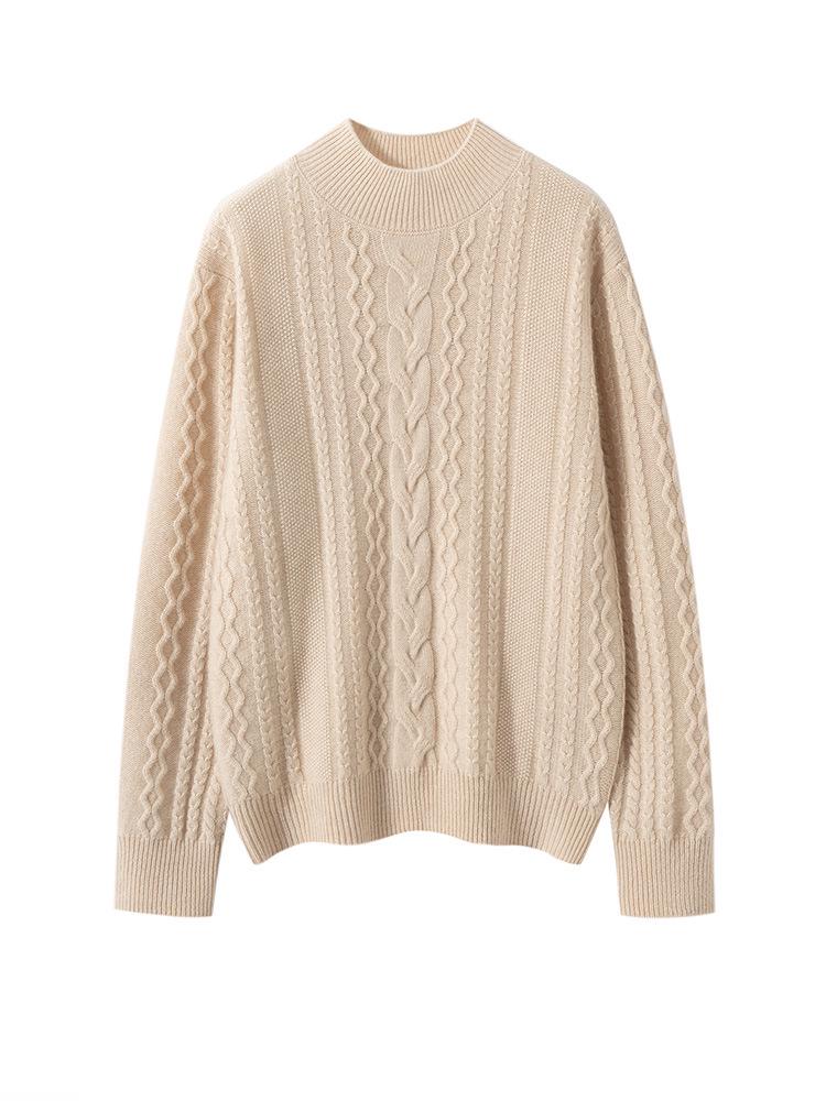 Women's Solid Color Twisted Flower Cable Knit Cashmere Sweater, Thickened Half-High Collar Slim Fit Base Layer Top