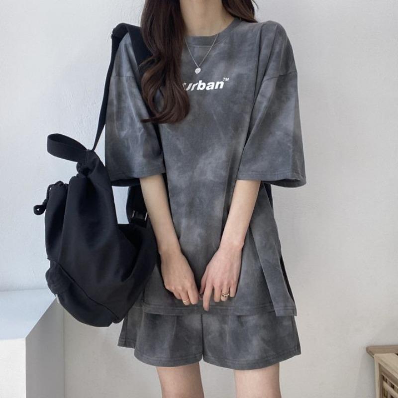 Women Fashion 2Pcs Tie-dyed Tracksuit Set Casual Loose T Shirt Shorts Set Summer Sport Suit Leisure Suit