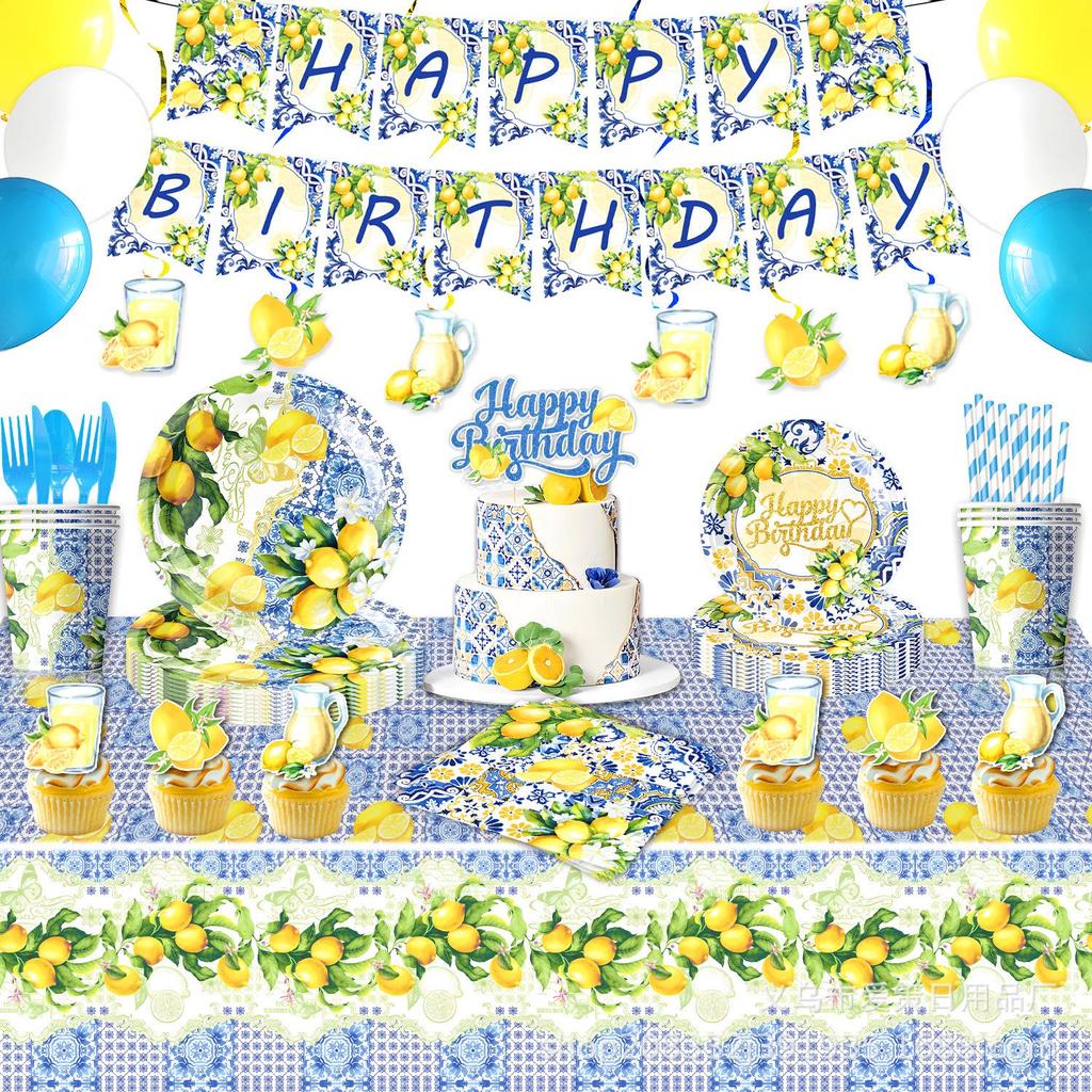 Lemon-Themed Wedding & Birthday Party Tableware Set with Banner, Cutlery, and Napkins.