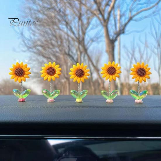 Non Residual Adhesive Ornaments 5Pcs Wobble Sunflower Car Dashboard Decor, Resin Spring Flower Ornament Interior Decoration Flowers with Slip