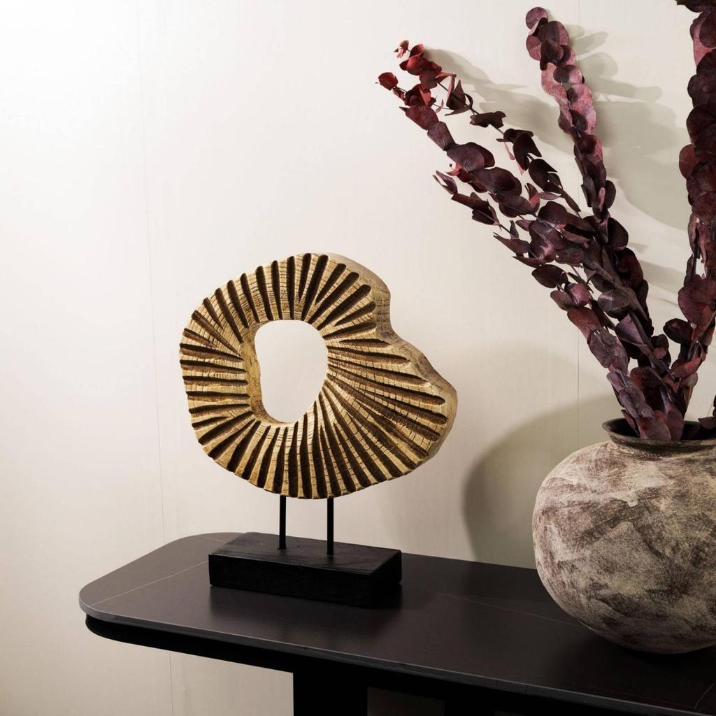Resin Circular Form Sculpture WoodLook Abstract with Base Carved Statue Ebony