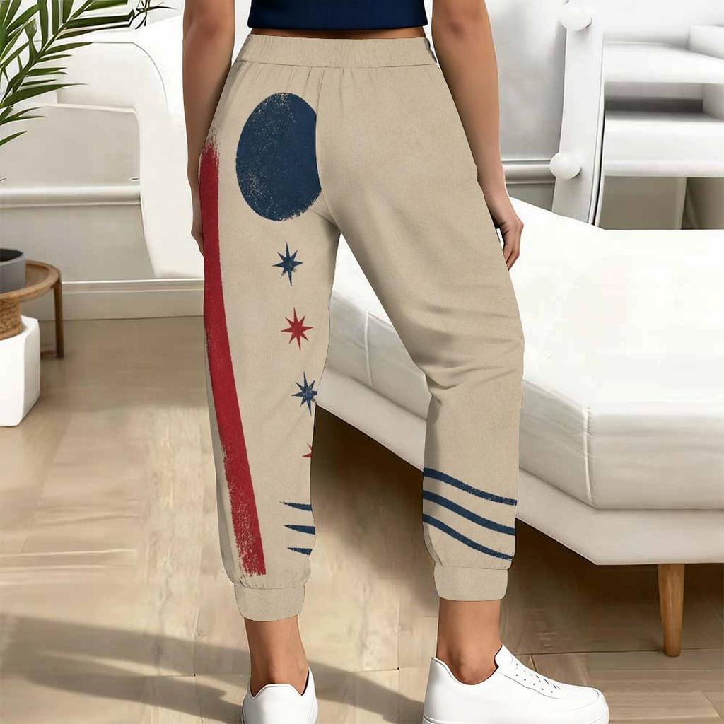 Women Plus Size American Flag Printed Jogger Pants Drawstring Waist Side Pockets Cuffed Ankle
