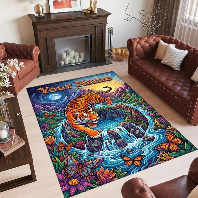 Leopard Theme Crystal Velvet Floor Rug Personalized Custom Name Text Warm Carpet Home Decoration