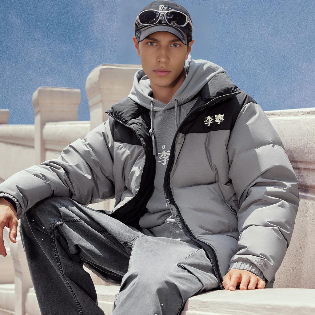 Li Ning Hot Pot Daunenjacken Serie Locker Kurz Stehkragen Reißverschluss Langarm Daunenjacke Unisex Oberbekleidung Thunder-Gray YYMU141-2