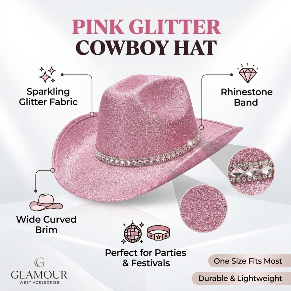 Rhinestone Band Glitter Cowboy Hat Wide Curved Brim Western Cowboy Hat Festival Accessory