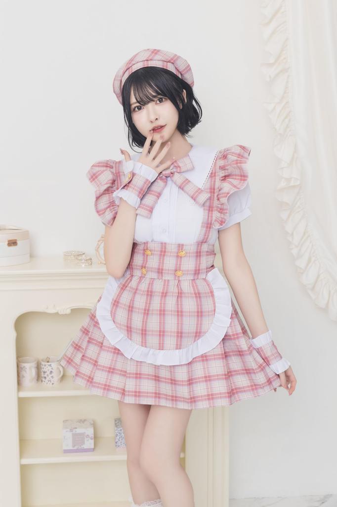 Clearstone Lyrical Palette Cosplay Halloween Idol Check Maid Dress for Women, Pink
