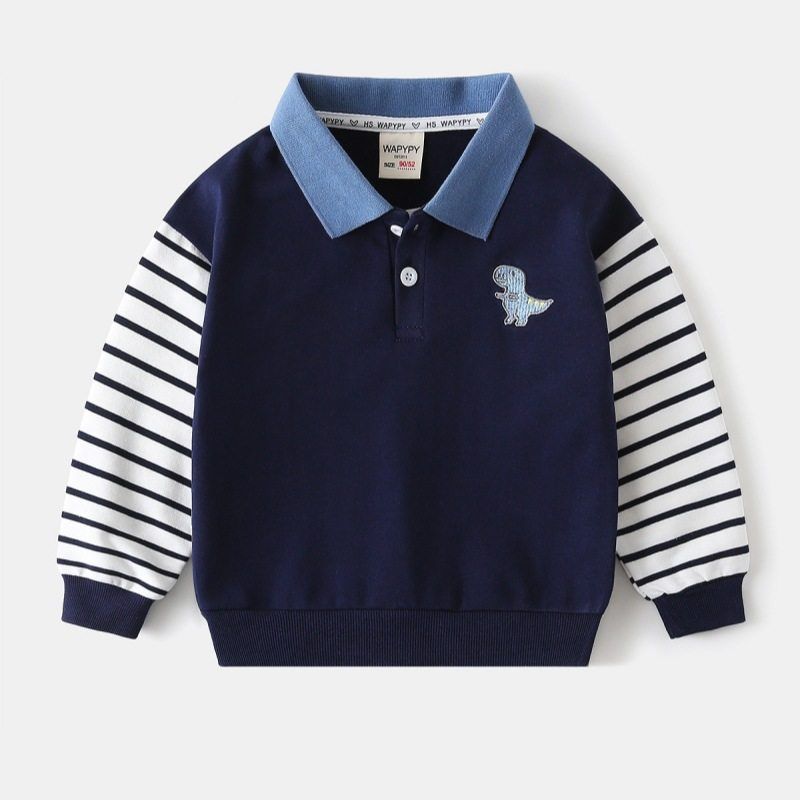 Spring and Autumn Children's Clothing Boys Long Sleeves Sweatshirt Kids Patchwork Sleeve Pullover Clothes Baby Dinosaur Embroidered Lapel Clothes