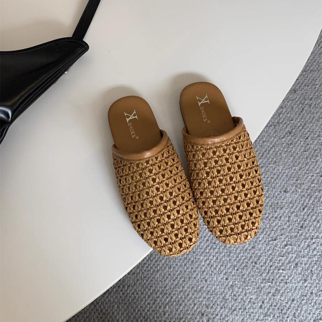 2025 summer French slippers women's versatile outer wear retro woven bag head semi-breathable non-slip flat bottom Muller cool slippers