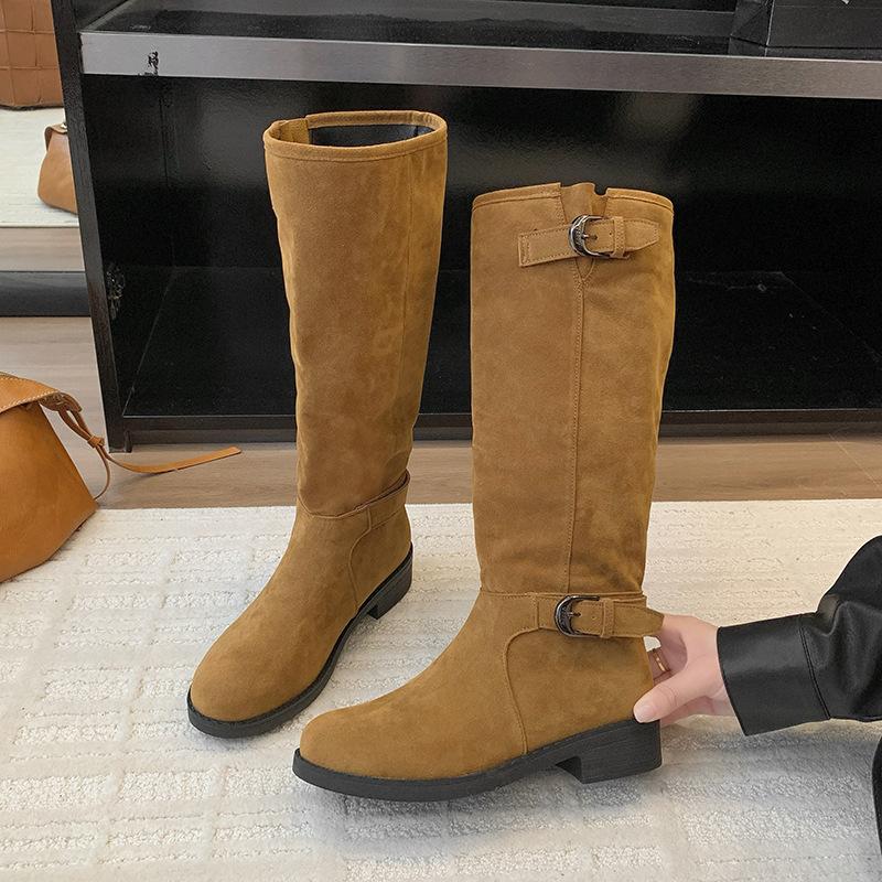 2025 Autumn and Winter New Large Size Thick Sole But Knee Belt Buckle Medium Tube Stacking Boots Knight Boots Women's Retro Boots
