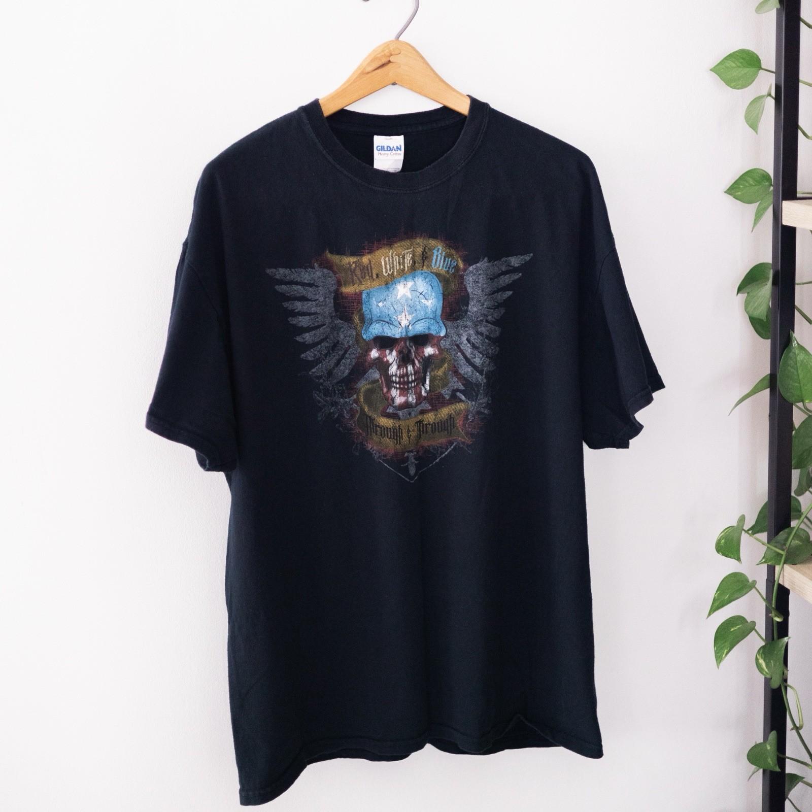 Red White Blue Skull Wings Shirt XL Gildan Graphic Tee Patriotic Biker USA S разноцветный