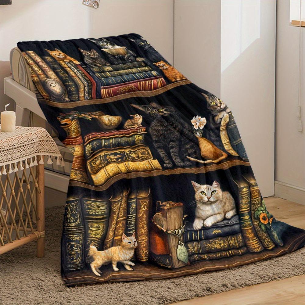 Cat & Book Lover's Flannel Blanket - Soft Digital Print, Lightweight for Sofa/Bed/Travel, All-Season Machine Washable