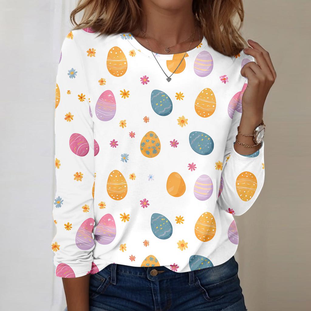Women's Daily Casual Long Sleeved Easter Printed Round Neck Top