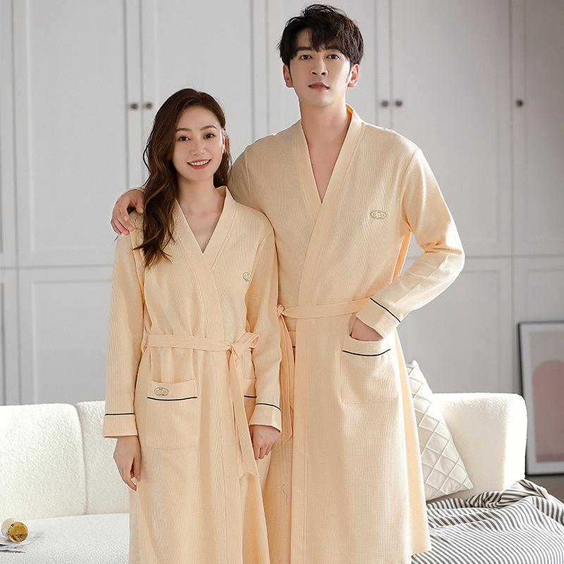 Couple Nightgown Women'S Pajamas Spring And Autumn Cotton Long-Sleeved Bathrobes Men'S Autumn Cotton Simple Dressing Gown Yukata Loungewear