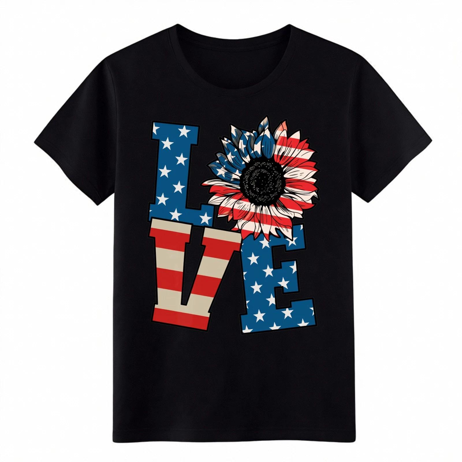 Patriotic LOVE Sunflower American Flag T-Shirt - Unisex USA Graphic Casual Tee S