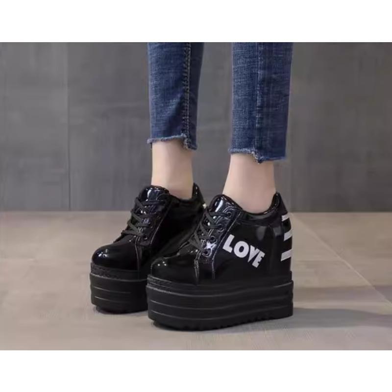 12CM Damen Leder Plateau Sneaker Frühling Weiße Schuhe Hohe Absätze Keil Outdoor Sportschuhe Atmungsaktiv Runde Zehenpartie Freizeitschuhe