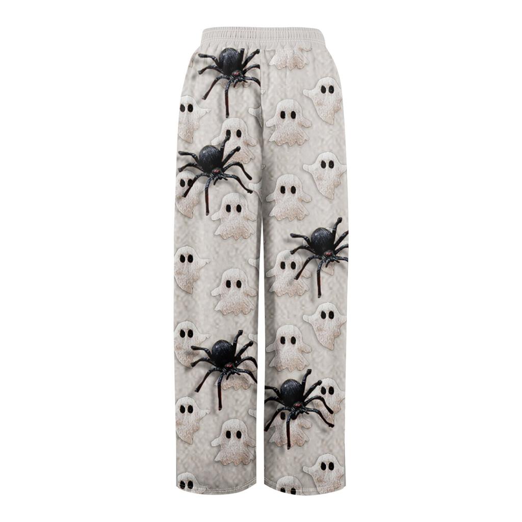 Women Summer Boho Palazzo Pants High Waist Wide Leg Halloween Printing Casual Trousers With Pockets