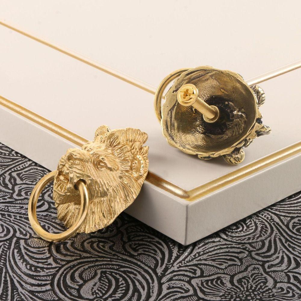 Furniture Hardware Lion Head Knob Brass Handle Retro Wardrobe Drawer Pulls  Window
