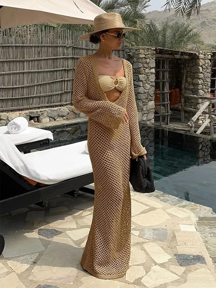 Sexy U-neck Bell Sleeve Knit Maxi Dress Summer 2024 Women Swimwear Feminine Bikinis Cover-ups Holiday Crochet Beach Outfit K21
