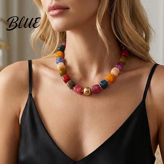 Multicolor Resin Bead Necklace Chunky Beaded Square Beads Bohemian Minimalist