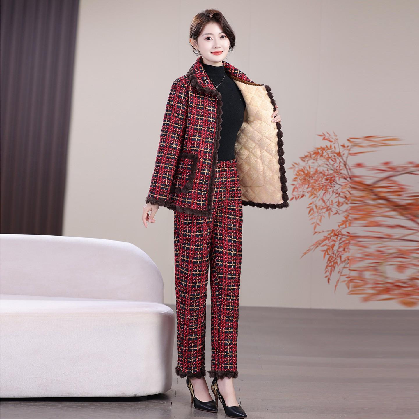 

Флисовый ветрозащитный хлопковый костюм для мам среднего и пожилого возраста, комплект из двух предметов для теплой зимы, свободный крой 2XL (110-125 lbs) красный