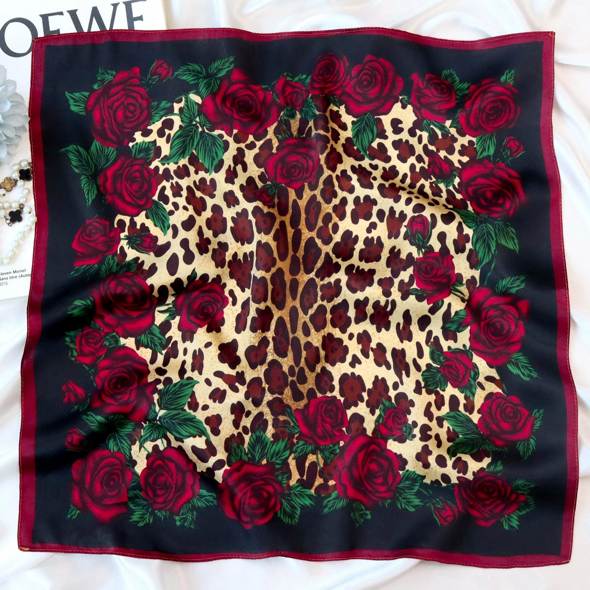 

53CM Square Pure Silk Square Scarf 100% Mulberry Silk Decorative Rose Design Hairband Necktie Small Neckerchief for Women 53x53cm