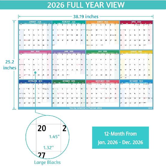 Yearly Wall Calendar 2026 - Large Yearly Calendar 2026, Jan 2026 - Dec 2026, 25.2" x 38.2" (Open), 2026 Calendar, Large Wall Calendar 2026, Full Year