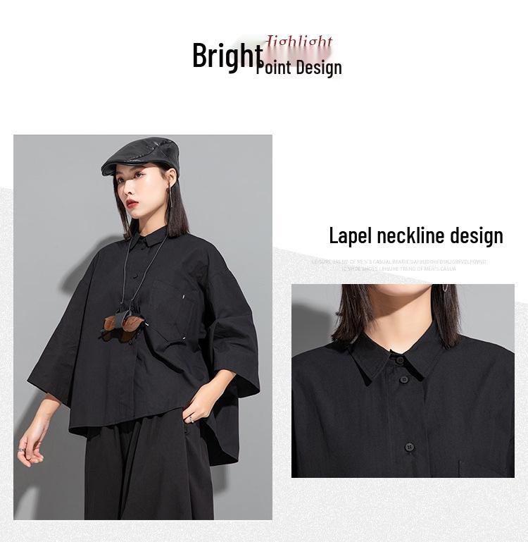 Women's Dark Chinese Style Irregular Mid-Sleeve Loose Top