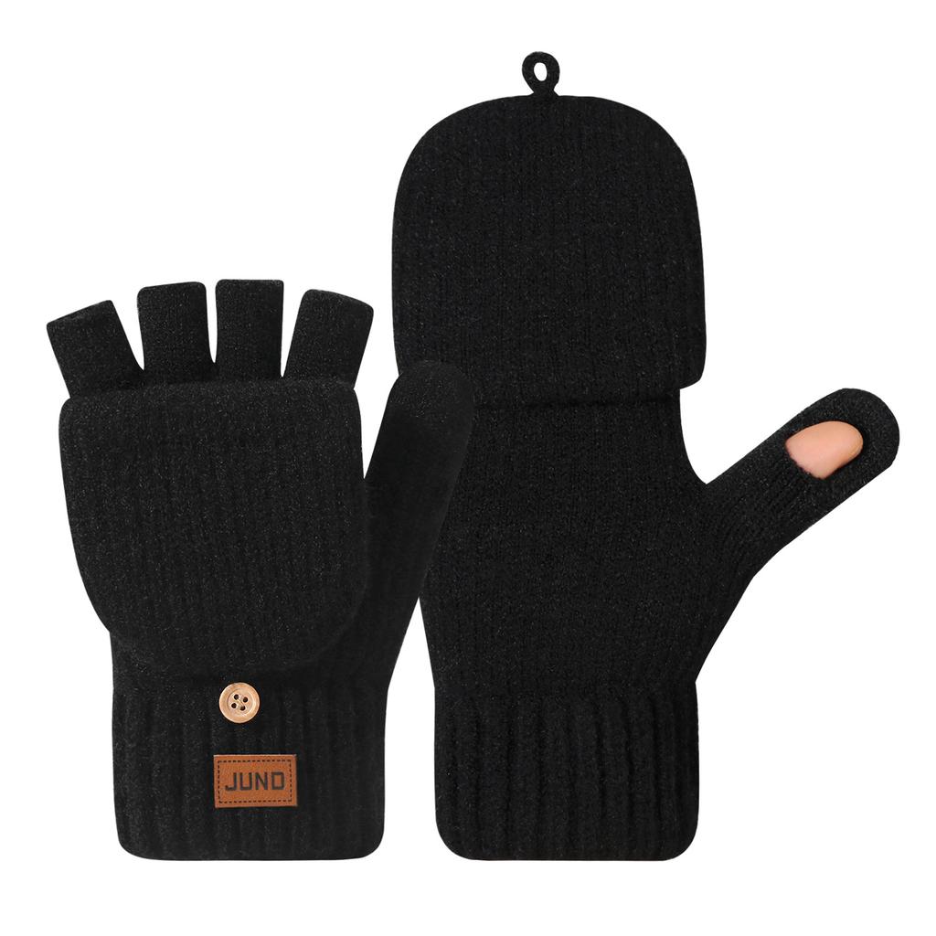 Thickened Half Finger Gloves In Autumn and Winter  Plus Velvet Knitted Cold and Warm  Half Part Writing Yarn Leaking Finger Gloves