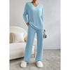 Women's V Neck Ribbed Knit Two Piece Set Long Sleeve Top Elastic Waist Wide Leg Pants
