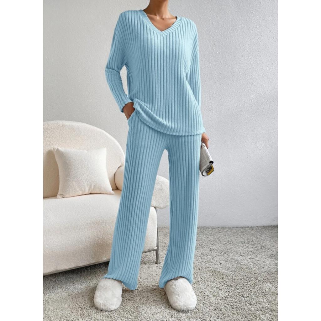 Women's V Neck Ribbed Knit Two Piece Set Long Sleeve Top Elastic Waist Wide Leg Pants