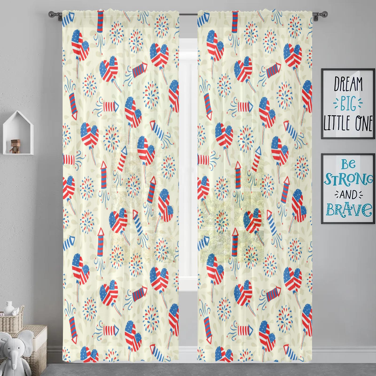 

Herdesings Американские полупрозрачные тюлевые шторы 4 июля Шифоновые драпировки 2 шт. Оконные шторы для гостиной, спальни, кухни, декора 2PC W74 x H91cm