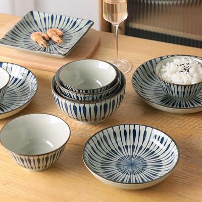 Japanese Striped Ceramic Bowl and Plate Set - New Year Tableware & Housewarming Gift with Chopsticks