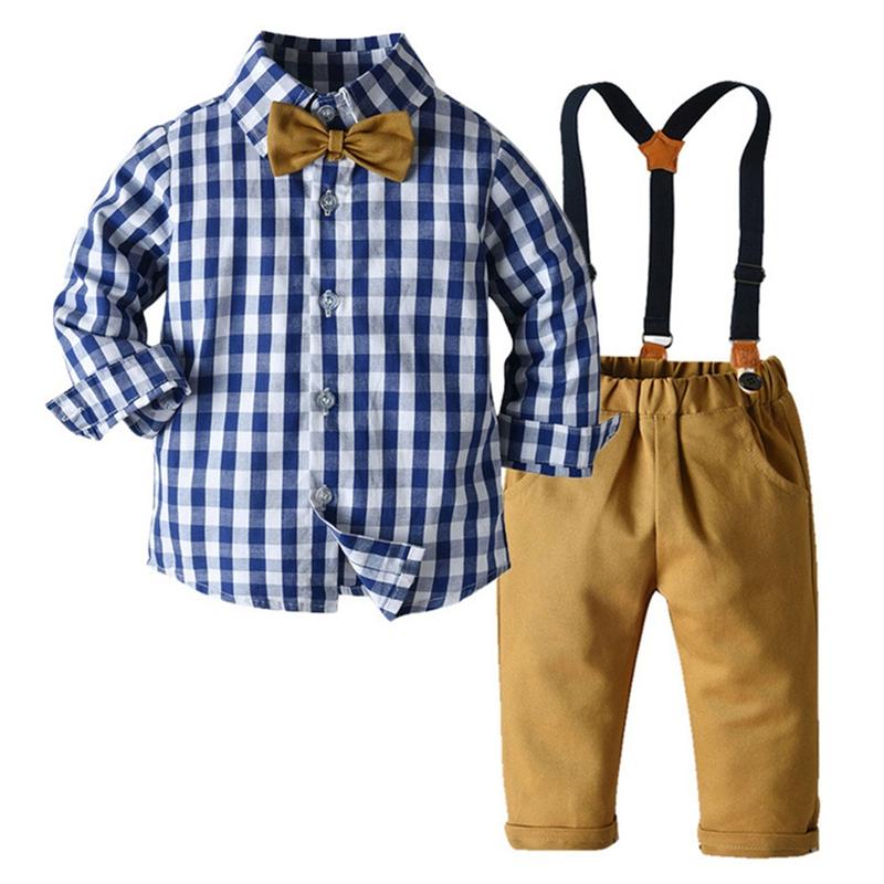 

Детский комплект церемониальной одежды джентльмена для мальчиков, рубашка на пуговицах с длинными рукавами в клетку с лацканами и брюки на подтяжках 120