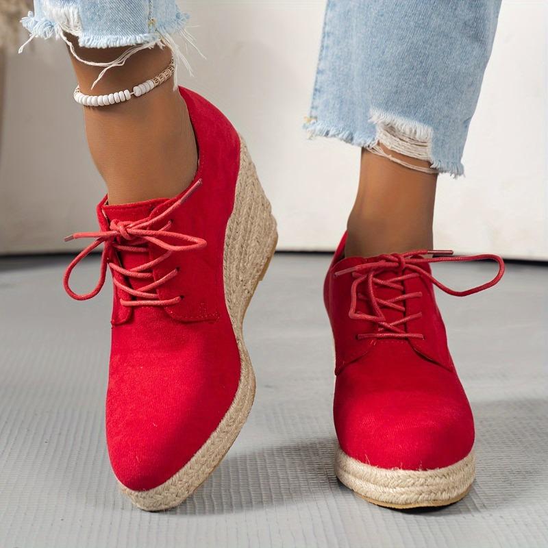 Women's Solid Color Stylish Shoes, Lace Up Low-top Platform Wedge Shoes, Espadrilles Round Toe Versatile Shoes