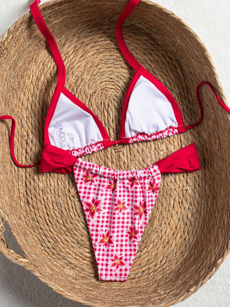 Women's Swimsuit Printed Triangle Bag Halter Neck Back Tie Low Waist Sexy Backless Split Swimsuit Beach Wear