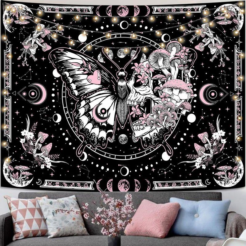Pink Butterfly Skull Tapestry Moon Phase Mushroom Crystal Witchy Wall Hanging Dark Aesthetic Dorm Bedroom Home Decor