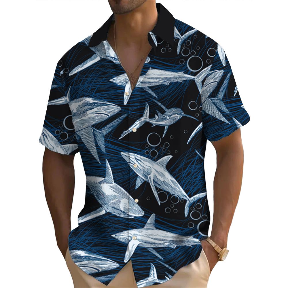 Hawaiian Shirt For Men Shark Pattern Short Sleeved Shirts Casual Men's Streetwear Summer New Loose Tops Oversized Original Shirt