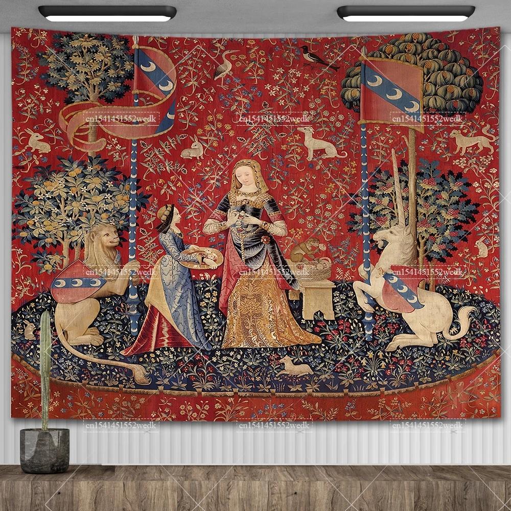 Lady And The Unicorn Tapestry Medieval Tapestry Wall Hanging Printed Home Decor Tapestries Background Room Covering For Bed