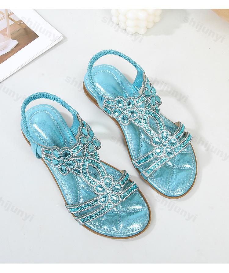 

Fashion 2025 Summer Hollow Breathable Rhinestone Women s Flat Sandals Bohemian Style Comfortable Lightweight Elegant Temperament Shoes 35 светло-синий